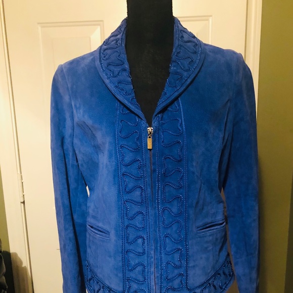 Beautiful Bamboo Embroidered Blue Suede Jacket - Picture 6 of 9